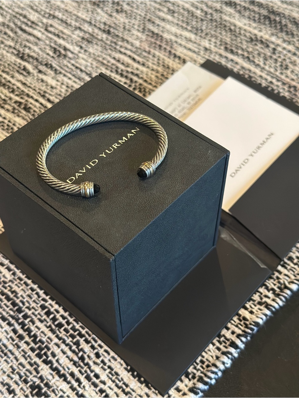David Yurman Silver Cable Cuff Bracelet with Black Onyx Ends | 4mm